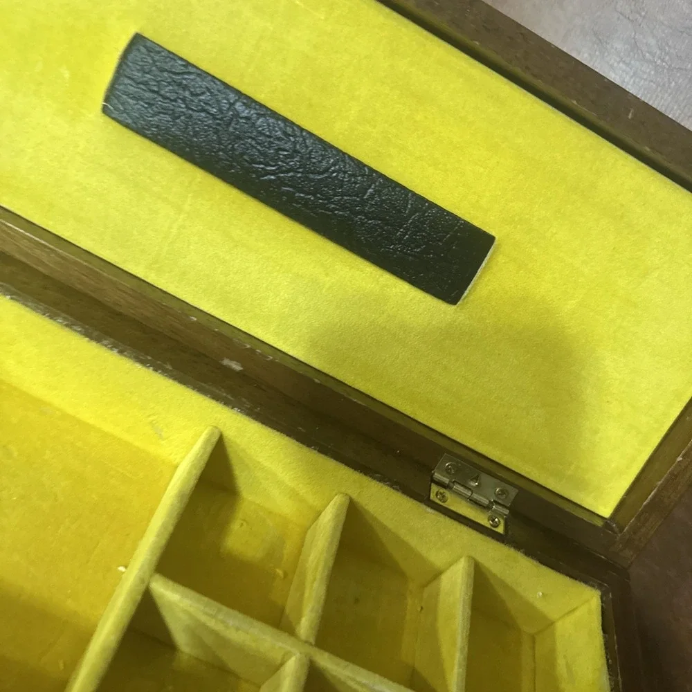 Vintage Wood Wooden Jewelry Box Gold Yellow Velvet Lined 12X5X3